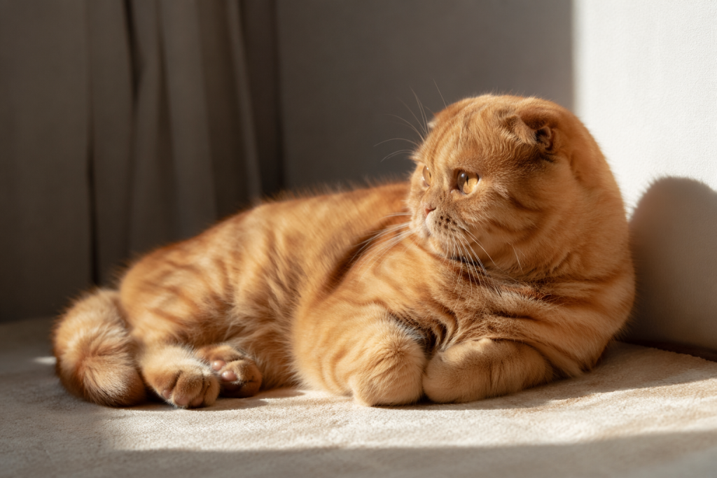 Шотландская вислоухая кошка греется на солнце
